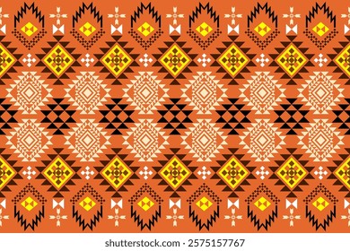 Vibrant geometric pattern inspired by traditional tribal art. The design features a bold color palette and a mix of geometric shapes and floral motifs. Perfect for fashion, home decor,