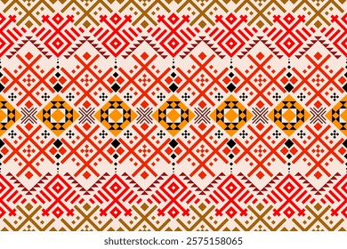 Vibrant geometric pattern inspired by traditional tribal art. The design features a bold color palette and a mix of geometric shapes and floral motifs. Perfect for fashion, home decor, 