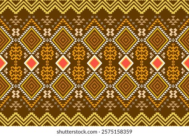 Vibrant geometric pattern inspired by traditional tribal art. The design features a bold color palette and a mix of geometric shapes and floral motifs. Perfect for fashion, home decor,