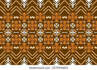 A vibrant geometric pattern inspired by traditional tribal art. The design features a bold color palette and a mix of geometric shapes and floral motifs. Perfect for fashion, home decor, 