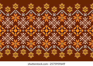 Vibrant geometric pattern inspired by traditional tribal art. The design features a bold color palette and a mix of geometric shapes and floral motifs. Perfect for fashion, home decor, 