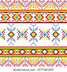 a vibrant geometric pattern inspired by traditional tribal designs. It uses red, yellow, blue, and black colors, with symmetrical shapes like diamonds, arrows, zigzags. Vector ethnic Navajo seamless.