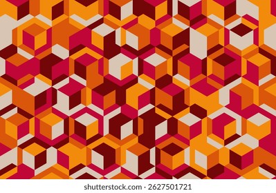 Vibrant geometric pattern of interlocking cubes in warm hues.  Ideal for backgrounds, textiles, or modern design projects.  This dynamic, abstract image evokes a sense of energy and movement.