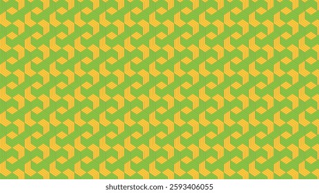 A vibrant geometric pattern with interlocking hexagonal shapes in green and yellow tones.