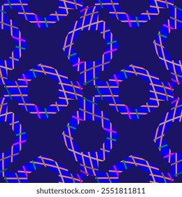 Patrón geométrico vibrante con líneas entretejidas y Formas hexagonales en colores llamativos sobre un fondo azul oscuro, perfecto para proyectos modernos y artísticos, textiles y Fondos de pantalla, Ilustración vectorial