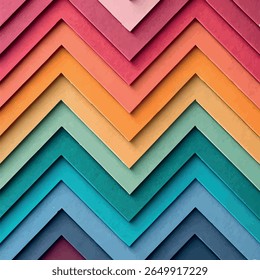 motif géométrique vibrant de papier en couches, en forme de chevron, dans un dégradé de couleurs. Le design passe en douceur des teintes chaudes comme le rouge, l'orange et le jaune en haut aux tons plus froids comme le vert
