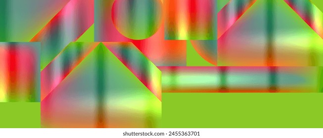 Patrón geométrico vibrante en magenta, azul eléctrico y otros tonos y sombras, creando diseños simétricos sobre un fondo verde. Vista de primer plano de rectángulos y arte intrincado