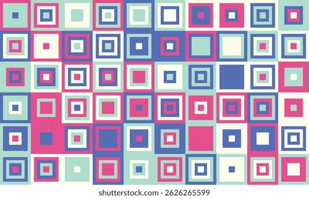 Vibrant geometric pattern of nested squares in pastel pink, blue, and green.  Ideal for website backgrounds, textile design, or playful branding.