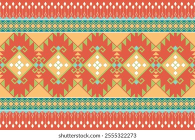 A Vibrant geometric pattern with orange, yellow, and turquoise elements, showcasing intricate designs and shapes