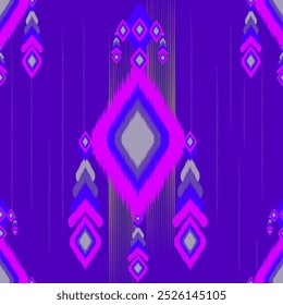 Vibrant Geometric Pattern with Purple and Pink Diamond Shapes – Modern Ikat-Inspired Abstract Design for Fabric, Wallpaper, or Digital Art Featuring Bold Symmetrical Motifs and Striking Color 