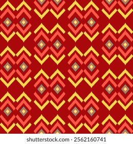 Vibrant Geometric Pattern with Repeating Diamond and Chevron Shapes in Warm Tones of Red, Orange, and Yellow, Creating a Symmetrical and Intricate Design Suitable for Textiles, Wallpapers, fabric