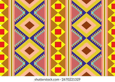 Vibrant geometric pattern with sharp-edged triangles and diamond motifs, featuring bold red, yellow, and blue tones. Perfect for textiles, wallpaper, and modern decorative design.