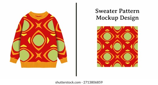 Vibrant geometric pattern sweater mockup design showcasing an abstract red green orange textile print for fashion