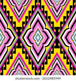Um padrão geométrico vibrante com formas de losango simétricas linhas em ziguezague e blocos de cores arrojados de amarelo rosa preto branco e ciano