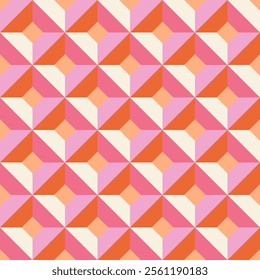 Vibrant geometric pattern with tessellated diamonds in orange, pink, and cream, creating 3D illusion. Perfect for wallpapers, textiles, packaging, web backgrounds, or modern interior design projects.