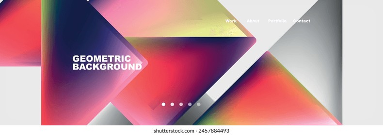 A vibrant geometric pattern of triangles in shades of violet, magenta, and electric blue on a white background. The design showcases symmetry and modern technology with a material property font