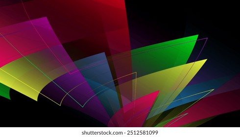 Padrões geométricos vibrantes com triângulos coloridos no plano de fundo escuro