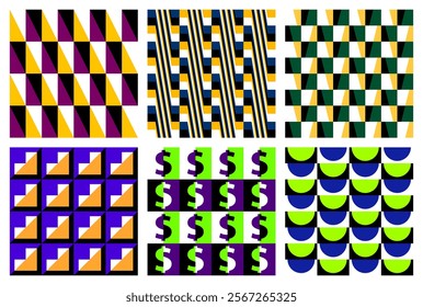 Vibrant geometric patterns with a dynamic, optical illusion effect. Ideal for modern, playful designs in digital media, fashion, and interior decoration.