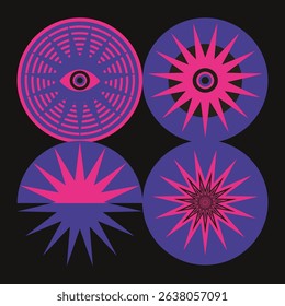 Vibrant geometric patterns with pink and purple circles. Eye motif and starburst designs. Bold, abstract, and colorful geometric art on a black background. Retro graphic vector.