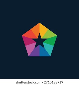 Vibrante logotipo geométrico pentagonal con una estrella central, creado con un espectro colorido que representa la diversidad, la innovación y la unidad en un estilo moderno y abstracto