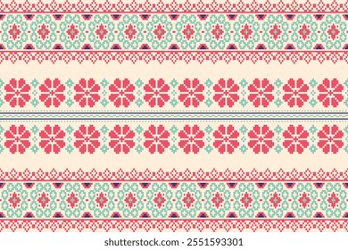 Vibrant Geometric Pixel Art Fabric Pattern.Ethnic fabric pattern.Embroidery Cross Stitch.Great for Scarves,Clothing,Table Covers,Blankets,Tiles,Background,DIY Craft