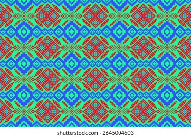 Vibrant geometric pixel pattern with symmetrical diamond and cross-shaped motifs in bold red, green, and blue tones. This seamless ethnic-inspired design evokes the charm of traditional woven textiles