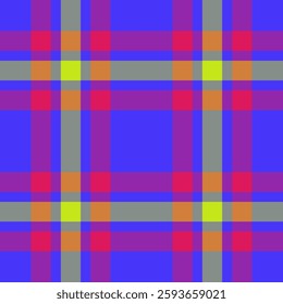 Vibrant, geometric plaid pattern in bold hues of purple, orange, pink, yellow  gray.  Ideal for textile designs, website backgrounds, or modern branding.