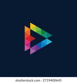 Icono de Botón de juego geométrico vibrante sobre un fondo azul oscuro, que simboliza los medios y la creatividad