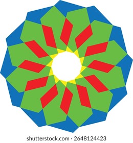 Vibrant geometric radial pattern in blue, green, and red with a yellow center. Intricate, symmetrical design on a crisp white background.