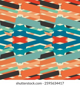 a vibrant, geometric, retro-inspired vector background with bold, angular shapes and a warm, earthy color palette including shades of orange, teal, navy blue, cream, and black.