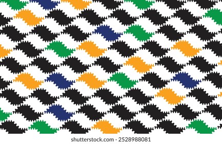 Vibrant Geometric Sao Paulo Sidewalk Pattern. Bold Black, Green, Yellow, and Blue Color Scheme with Playful Wavy Details, Brazilian Cityscape Inspired Design for Prints, Fashion, and Home Decor