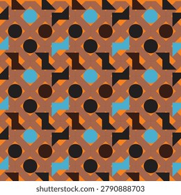 Vibrant Geometric Seamless Pattern with brown Background, Purple Shapes and Colorful Circles, Modern Decorative Surface Design for Fabric and Wallpaper Use, flooring, pottery, wall art