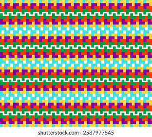 Vibrant geometric seamless pattern with colorful pixel-style design. Perfect for textile prints, wallpapers, digital backgrounds, and decorative projects. Bright and dynamic.