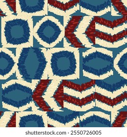 Vibrant geometric seamless pattern design showcases dark blue and red shapes beautifully arranged against a cream backdrop. Ethnic hand made background