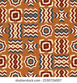 Vibrant geometric seamless pattern design showcases dark blue and red shapes. Ethnic hand made background