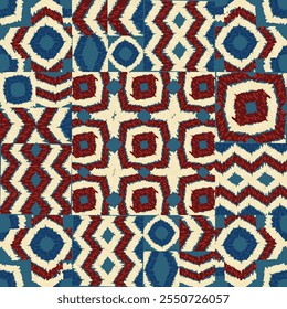 Vibrant geometric seamless pattern design showcases dark blue and red shapes beautifully arranged against a cream backdrop. Ethnic hand made background