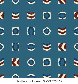 Vibrant geometric seamless pattern design showcases dark blue and red shapes beautifully arranged against a cream backdrop. Ethnic hand made background