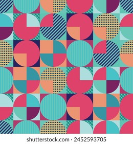 Vibrant geometric seamless pattern featuring circles and squares in shades of pink red orange and aqua on an azure background. Abstract vintage colorful design for textile prints