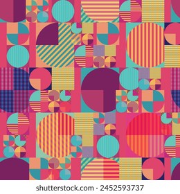 Vibrant geometric seamless pattern featuring circles and squares in shades of pink red orange and aqua on an azure background. Abstract colorful design for textile prints or art projects