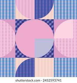 Vibrant geometric seamless pattern featuring circles and squares abstract vintage background in pink and lavender shades. This colorful design is perfect for textile prints