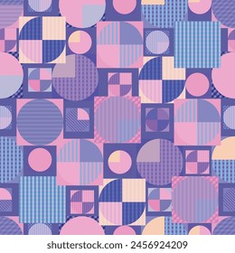 Vibrant geometric seamless pattern featuring circles and squares abstract background in pink and lavender colours. Textile design