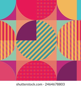 Vibrant geometric seamless pattern featuring circles and squares in shades of pink red orange and aqua on an azure background. Abstract colorful design for textile prints or art projects