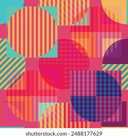 Vibrant geometric seamless pattern featuring circles and squares in shades of pink red orange and aqua on an azure background. Abstract vintage colorful design for textile prints