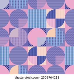 Vibrant geometric seamless pattern featuring circles and squares abstract background in pink and lavender colours. Textile design