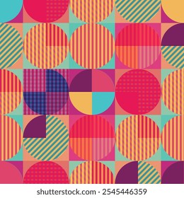 Vibrant geometric seamless pattern featuring circles and squares abstract background. This colorful design is perfect for textile prints or art projects