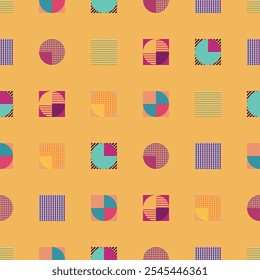 Vibrant geometric seamless pattern featuring circles and squares abstract background. This colorful design is perfect for textile prints or art projects