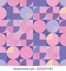 Vibrant geometric seamless pattern featuring circles and squares abstract vintage background in pink and lavender shades. This abstract design is perfect for textile prints or art projects