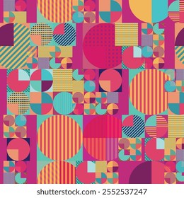 Vibrant geometric seamless pattern featuring circles and squares in shades of pink red orange and aqua on an azure background. Abstract colorful design for textile prints