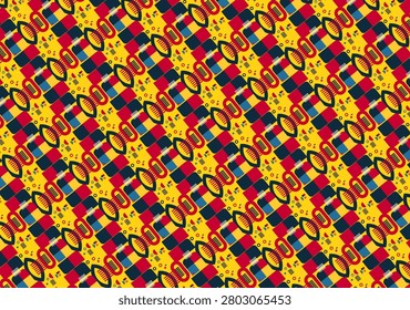 Vibrant geometric seamless pattern featuring diagonal retro shapes in bold yellow, red and blue. Decorative repeating mosaic creates a playful, modern background ideal for textiles, packaging, wallpapers and digital design.
