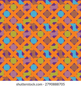 Vibrant Geometric Seamless Pattern with Orange Background, Purple Shapes and Colorful Circles, Modern Decorative Surface Design for Fabric and Wallpaper Use, flooring, pottery, wall art
